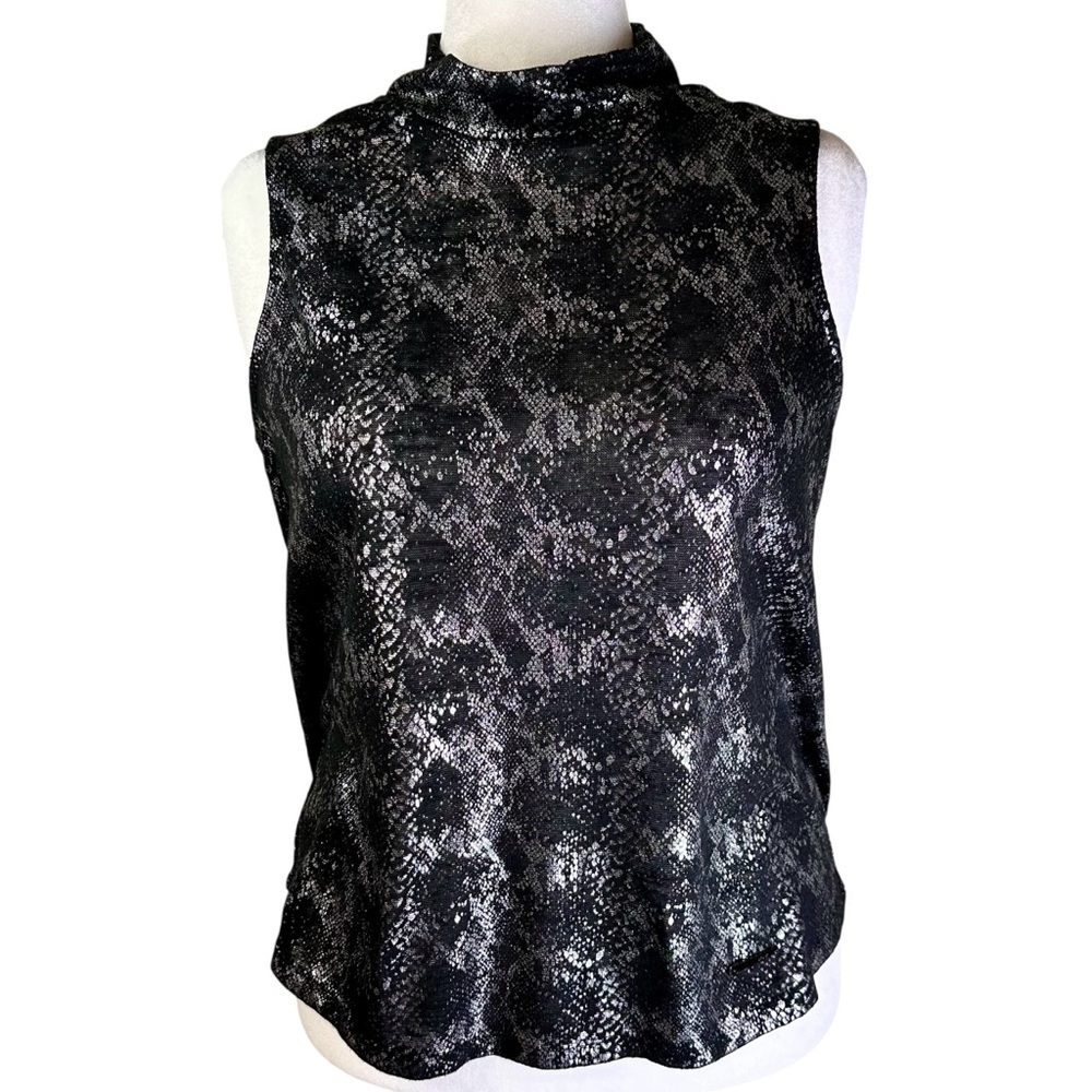Jones New York Black and Silver Mock Neck Sleeveless Blouse Size XL